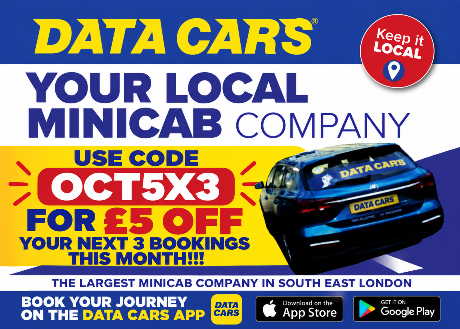 Data Cars October offer - £5 off your next 3 bookings